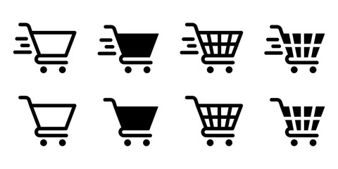 Cart icon set. Full and empty shopping cart symbol. Fast basket sign. Shop and sale pictogram. Online shopping illustration.