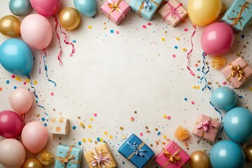 vibrant birthday party backdrop featuring colorful balloons presents and streamers in a flat lay style providing an inviting space for personalized birthday greetings