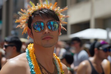 A man wearing a floral crown and reflective sunglasses, participating in a parade, exuding a cool and festive vibe, with a lei around his neck and a relaxed expression in an outdoor urban setting