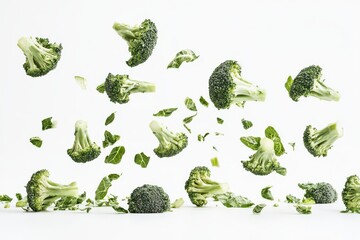 Falling broccoli isolated on white background