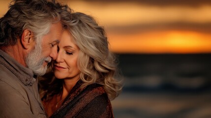 A serene scene of a middle-aged couple standing close together on a beach during sunset, sharing an intimate moment, their faces gently touching, with warm golden light in the background