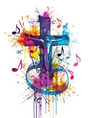 Colorful Christian Cross and Music Notes with Hands Glorifying God, Vector Illustration on White Background