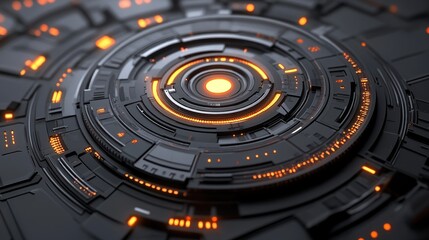 Close-up of a futuristic technological interface with glowing orange lights