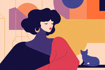 A woman with dark, curly hair dressed in a stylish outfit sits elegantly next to a small cat in a vibrant, abstract setting