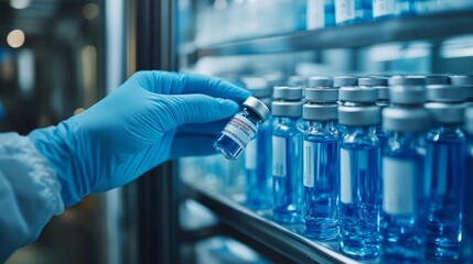 Poster - A person is holding a bottle of vaccine in a blue container