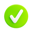 © Valentina - 3d cartoon bright green circular check mark icon on white background. Design element for approval, validation or confirmation. Indicating tasks completed, selections or approvals. Vector illustration.