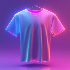 Neon-light t-shirt glowing on purple backdrop, vibrant and eye-catching.