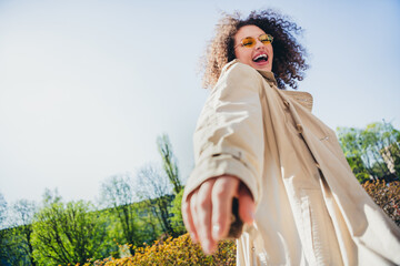 Sticker - Photo of positive cute girl wearing trendy beige clothes weekend promenade pastime spring weather outdoors