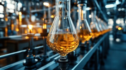 Wall Mural - Close-up of a glass flask containing amber liquid in an industrial laboratory setting with multiple flasks in the background, under warm lighting with a blurred laboratory environment.