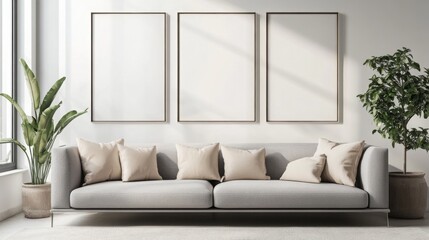 Aufkleber - A modern living room featuring a stylish gray sofa, plush pillows, large windows, and three empty picture frames above, complementing a decorative plant.