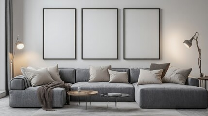 Poster - A modern living room featuring a plush gray sofa with pillows, minimalistic decor, and empty frames on the wall, creating a serene and stylish atmosphere.