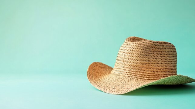 Flat summer straw hat isolated on a pastel soft green background, side view and stylish.