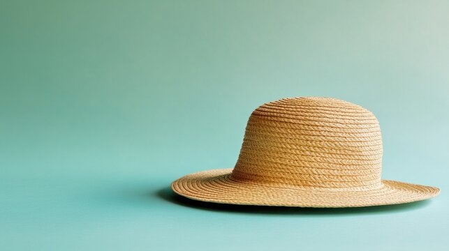 Flat summer straw hat isolated on a pastel soft green background, side view and stylish.