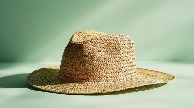 Flat summer straw hat isolated on a pastel soft green background, side view and stylish.
