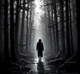 Unrecognized hooded person walk alone in dark forest with spooky environment.