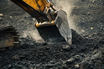 A close-up of a heavy yellow excavator's arm and bucket digging into a pile of dark rough dirt