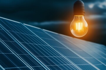 A glowing light bulb symbolizing renewable energy, hovering above solar panels at dusk, representing the potential of sustainable energy solutions and the concept of clean power generation