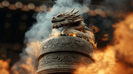 Canvas Print - Ornate dragon sculpture on a large incense burner surrounded by flames and smoke