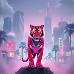 A foreground pink tiger in an 80s urban landscape, with palm trees and retro-style geometries