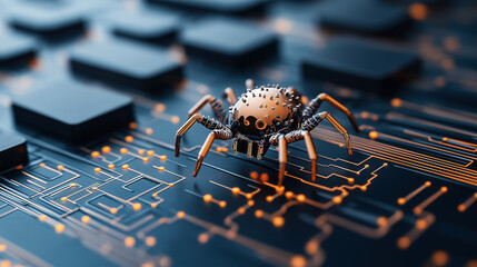 Wall Mural - Close-up of a mechanical spider on a futuristic circuit board with glowing elements and intricate designs, symbolizing digital technology and cybersecurity concepts.