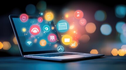 Aufkleber - Laptop Screen Displaying Colorful Circular Icons and Bokeh Lights