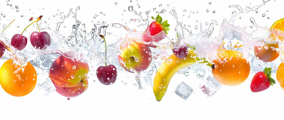 Poster - Fruit and ice cubes splashing in water, isolated on a white background. A summer concept with flying fruits, including a banana, orange, apple, grapes, cherries, melon, strawberries, and apricots