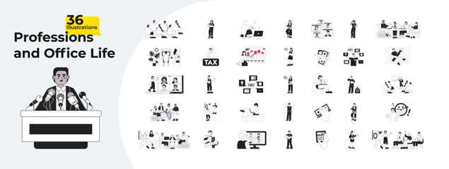 Poster - Corporate life employment outline illustrations mega bundle. Jobs occupations. Tax accounting. Charts workplace laptop working 2D linear images isolated. Collection black and white vector drawings