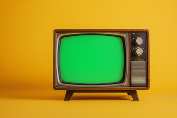 A green screen television sits on a yellow background. The television is old and has a wooden frame