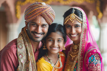 Portrait of a smiling Indian family wearing traditional dresses