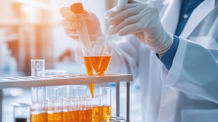Poster - scientist conducting experiments with colorful liquids in a laboratory during daylight hours