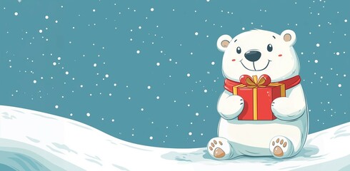 Wall Mural - Cartoon cute polar bear holding Christmas gift box isolated on snowy Christmas background with copy space for text and design