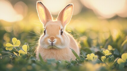 Golden Hour Bunny: Adorable bunny rabbit in a field of clover, bathed in the warm glow of the setting sun.  A heartwarming image perfect for spring or Easter themes.