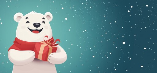 Wall Mural - Cartoon cute polar bear holding Christmas gift box isolated on snowy Christmas background with copy space for text and design