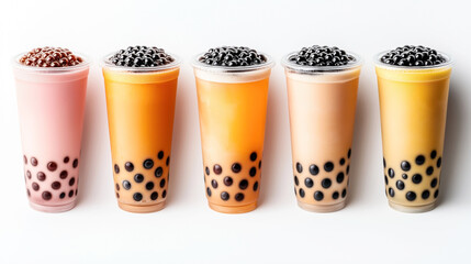 Poster - Five colorful bubble tea drinks in plastic cups with tapioca pearls on a white background.