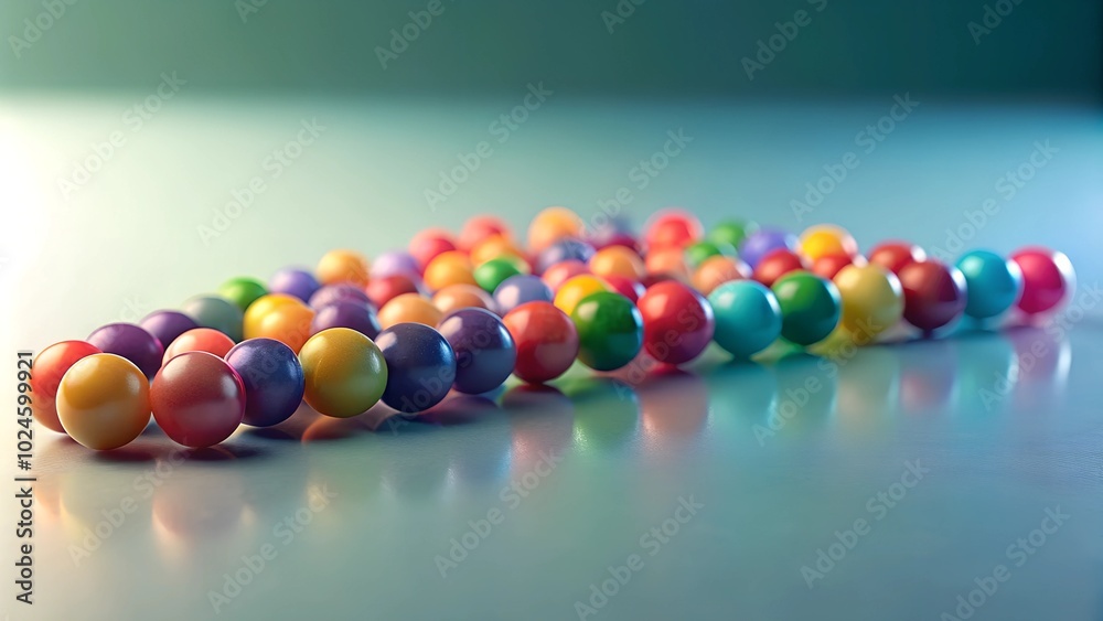 Colorful spheres arranged in a line on a reflective surface for ...