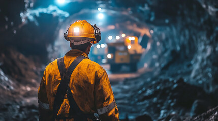 A coal miner works underground, equipped with headlights and heavy machinery.