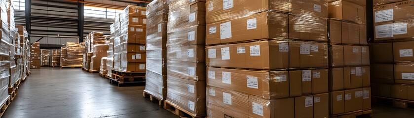 Poster - Interior view of a warehouse with stacked pallets and cardboard boxes, ready for shipment and storage management.