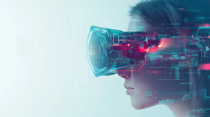 Poster - Girl in hi-tech VR glasses with elements of artificial intelligence. Background in a high-tech style. Shining lines and patterns resembling neural networks, connections, and digital circuit