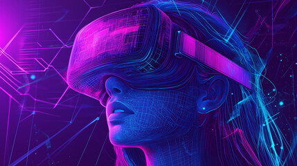 Poster - Girl in hi-tech VR glasses with elements of artificial intelligence. Background in a high-tech style. Shining lines and patterns resembling neural networks, connections, and digital circuit