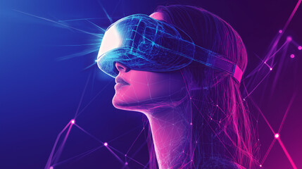 Poster - Girl in hi-tech VR glasses with elements of artificial intelligence. Background in a high-tech style. Shining lines and patterns resembling neural networks, connections, and digital circuit