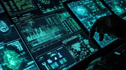 Poster - A Hand Interacts with a Screen Displaying Data and Graphs