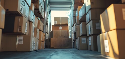 Poster - A cargo space filled with stacked boxes, showcasing the organized chaos of shipping and storage in a logistics environment.