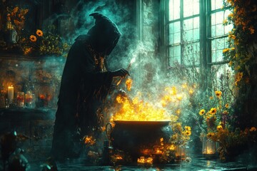 A hooded figure stirs a cauldron of fire and smoke, surrounded by candles and flowers, in a dimly lit room with a large window.