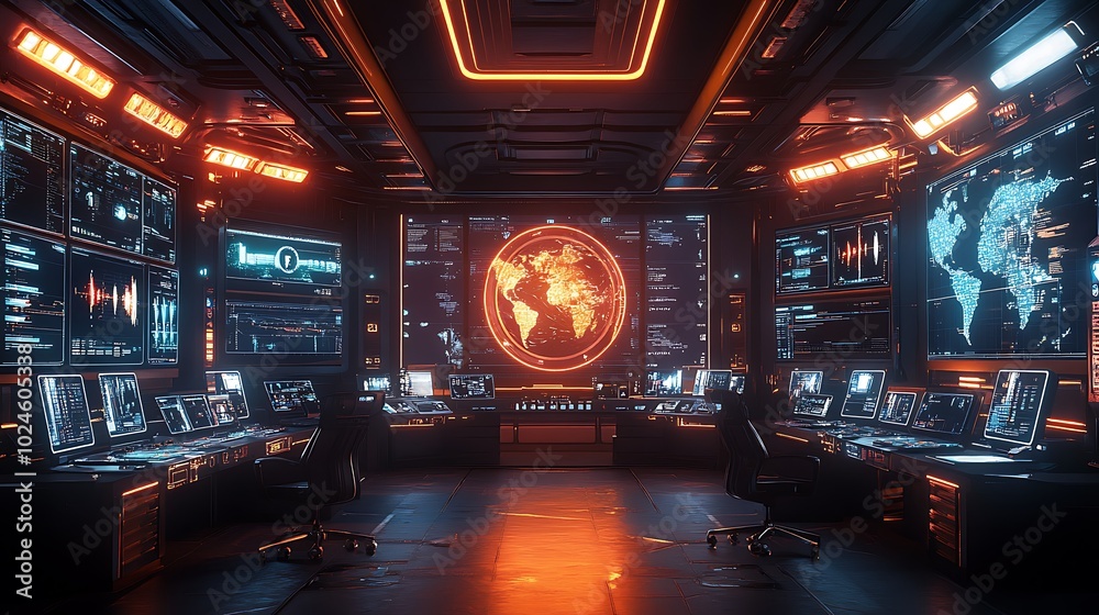 Researchers in a high-tech control room, analyzing real-time global ...
