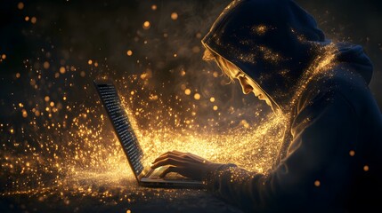 Hacker in a hooded jacket working on a laptop, a data technology concept with a digital background in a dark black color theme
