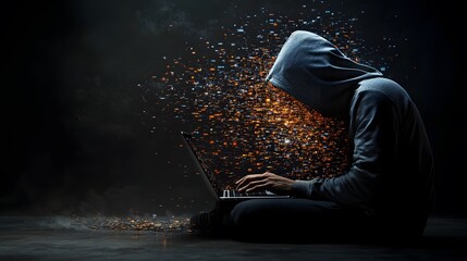 Hacker in a hooded jacket working on a laptop, a data technology concept with a digital background in a dark black color theme