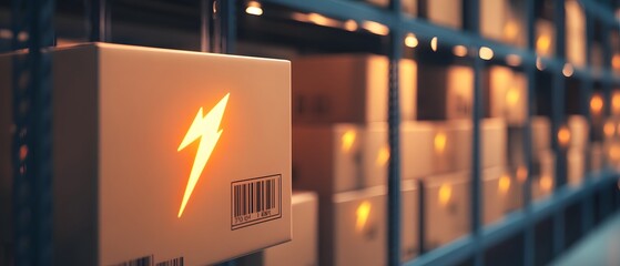 Poster - A warehouse scene featuring boxes with lightning symbols, representing energy and efficiency in storage and logistics.