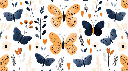 Sticker - Seamless pattern featuring decorative butterflies and foliage in blue and orange hues on a white background. The design includes stylized flowers, leaves, and botanical elements for a whimsical look.