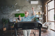 © deagreez - Photo of charming lucky lady assistant wear shirt flying dollars running treadmill indoors workplace workstation
