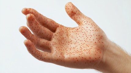 Wall Mural - isolated close-up of an outstretched hand with red dots scattered across its surface, set against a 
